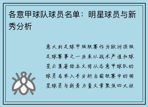 各意甲球队球员名单：明星球员与新秀分析